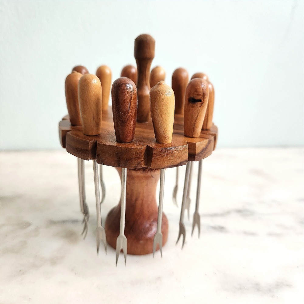 Vintage MCM Olive Wood Cocktail Appetizer Pick Set 12 Piece‎ with Stand